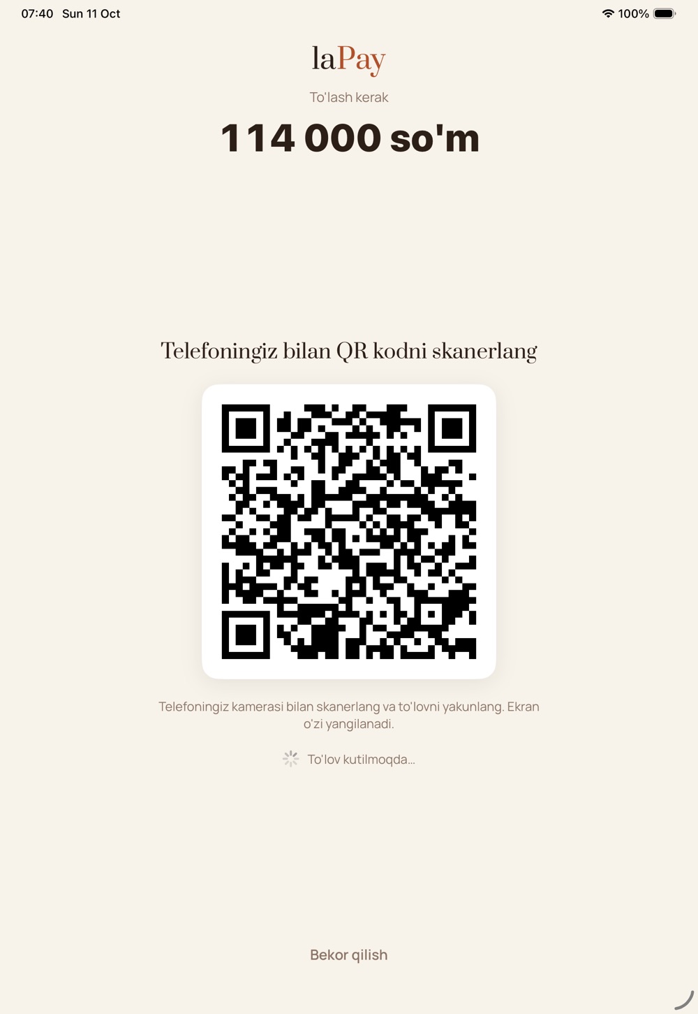 laKiosk to'lov ekrani: to'lanadigan summa va telefon bilan skanerlanadigan QR kod